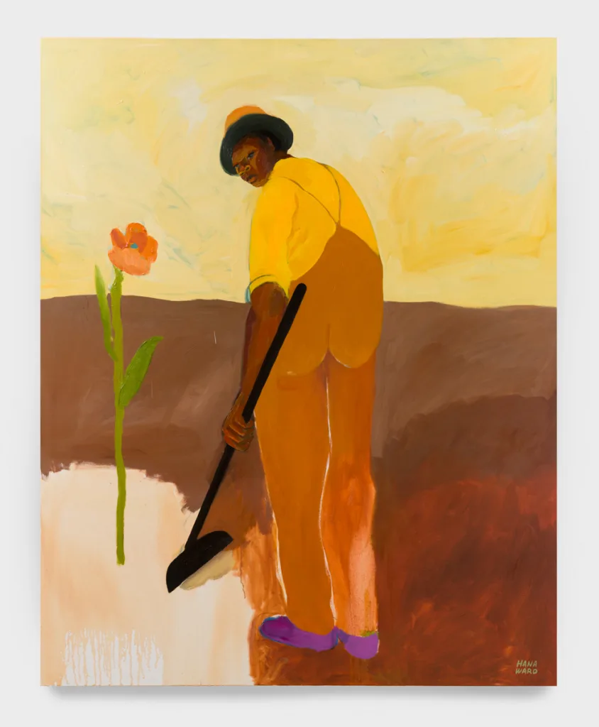 A painting of a man standing in a brown abstracted landscape with his back to the viewer. He is looking over his shoulder and there is a tall orange flower in the field beside him.