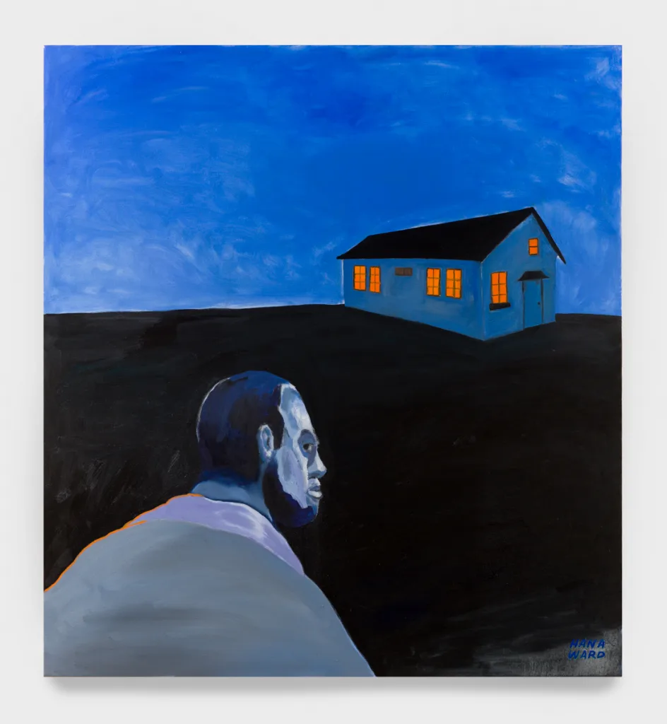 A painting of a man in a dark and blue field with his back to the viewer. He is looking over his shoulder at the viewer and there is a house in the background with bright orange lights coming from the windows.