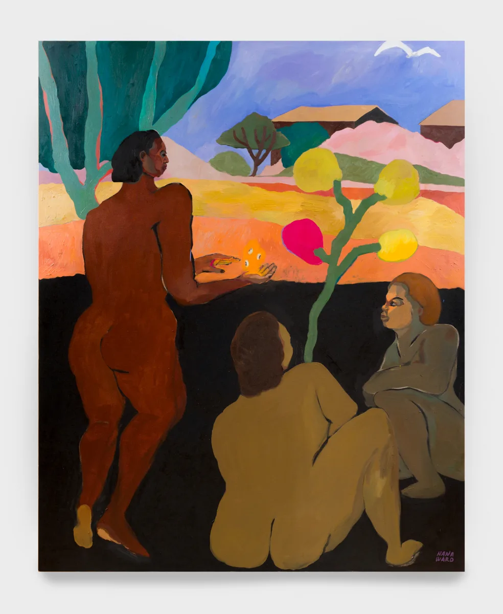 This painting shows three unclothed women in an abstracted field. They are sitting facing each other in the foreground and planting seeds in a dark bed of soil.