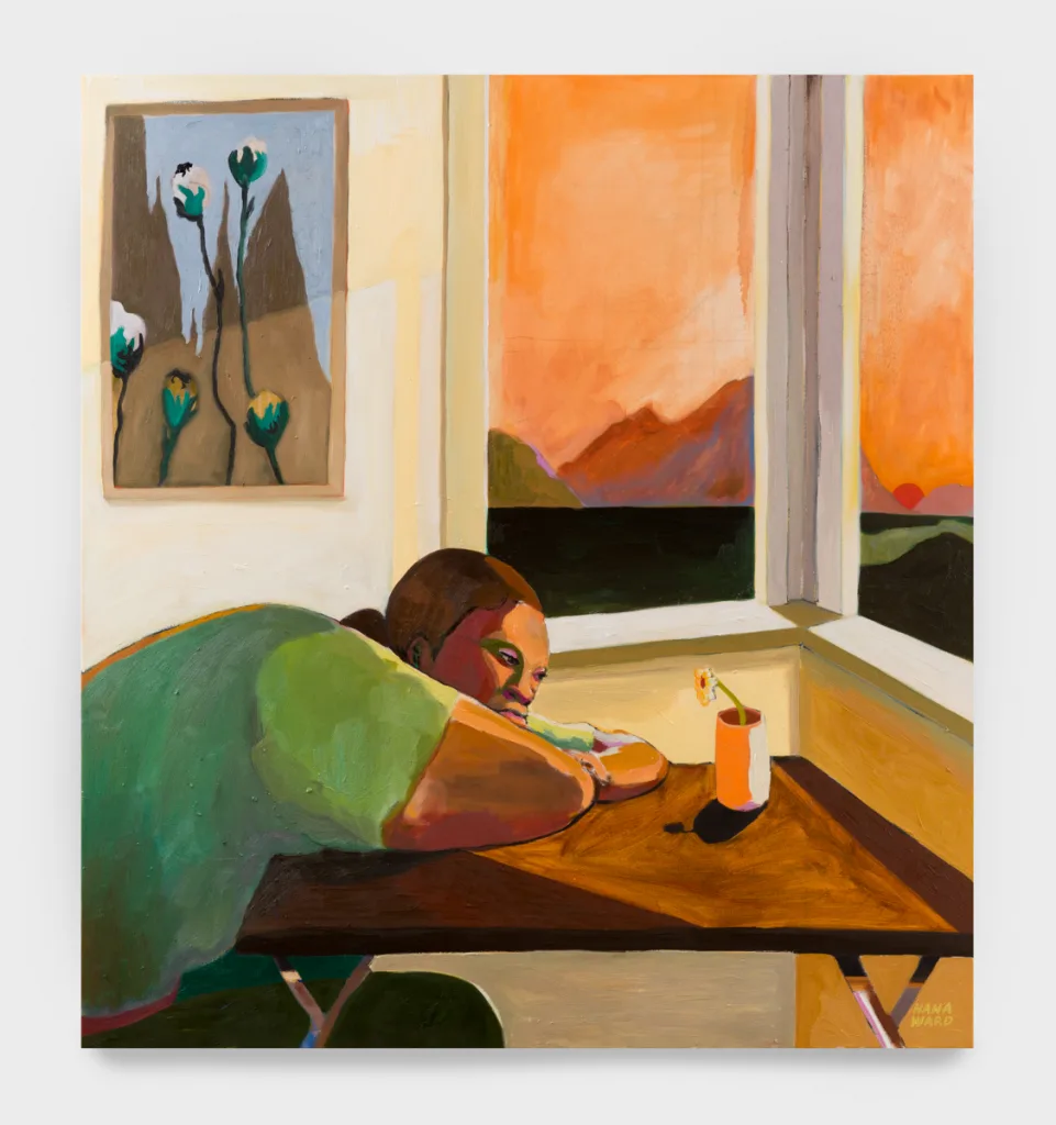 A painting of a woman leaning over a table in the corner of a room. There is an abstracted orange landscape in the window, and a flower in the orange light on the table.
