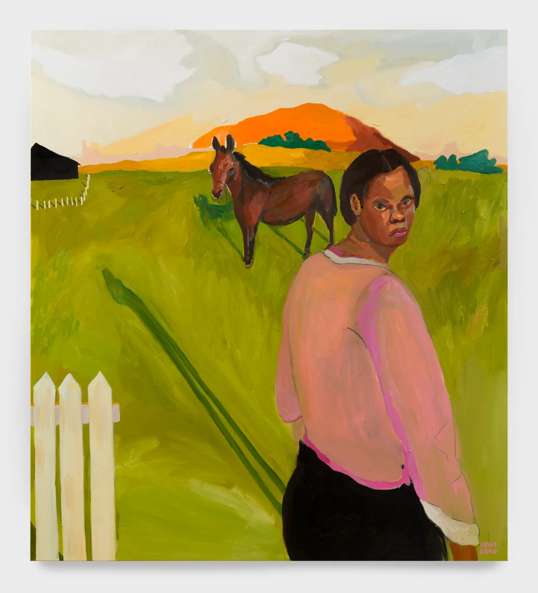 A painting of a woman standing in a grassy field looking over their shoulder with their back to the viewer. There is a horse looking at the viewer in the field and an orange mountain in the background.