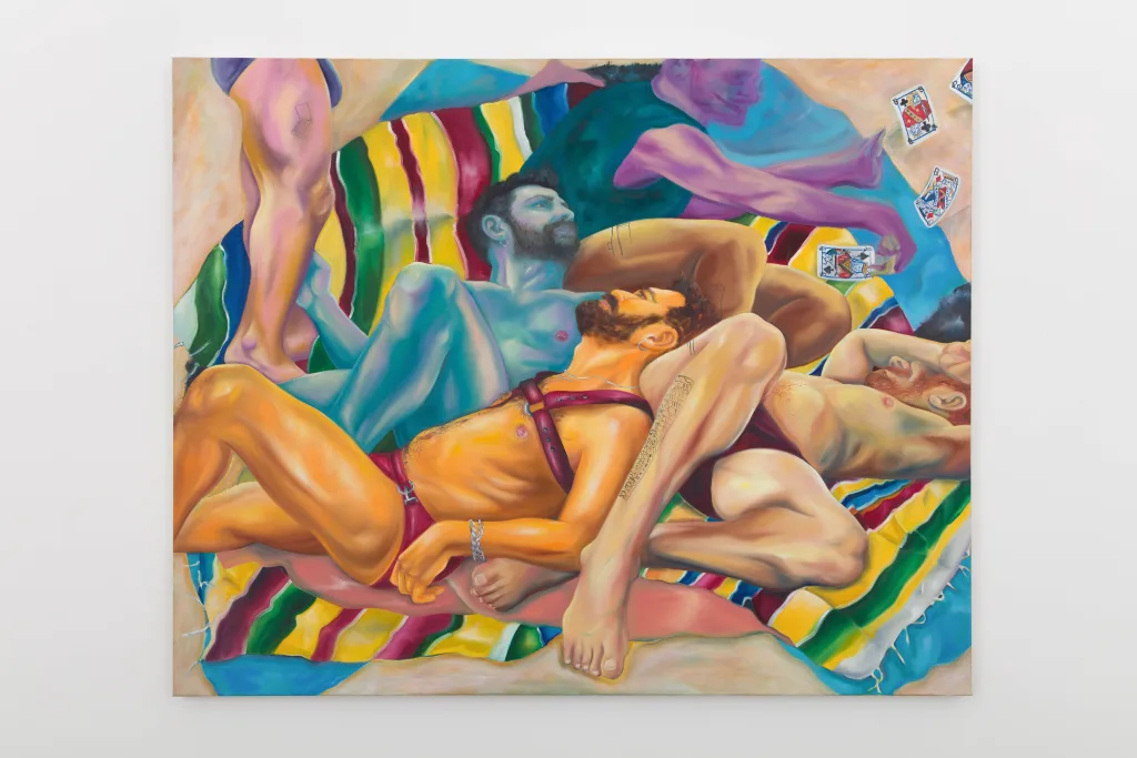 A painting of four masculine figures on a beach, three in conversation while the fourth plays the 4 queen cards