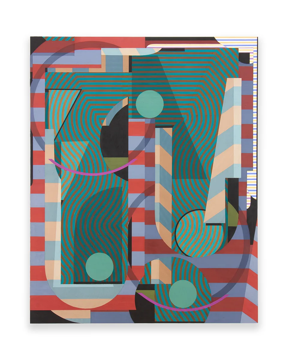 A painting with geometric shapes on a blue and red striped background