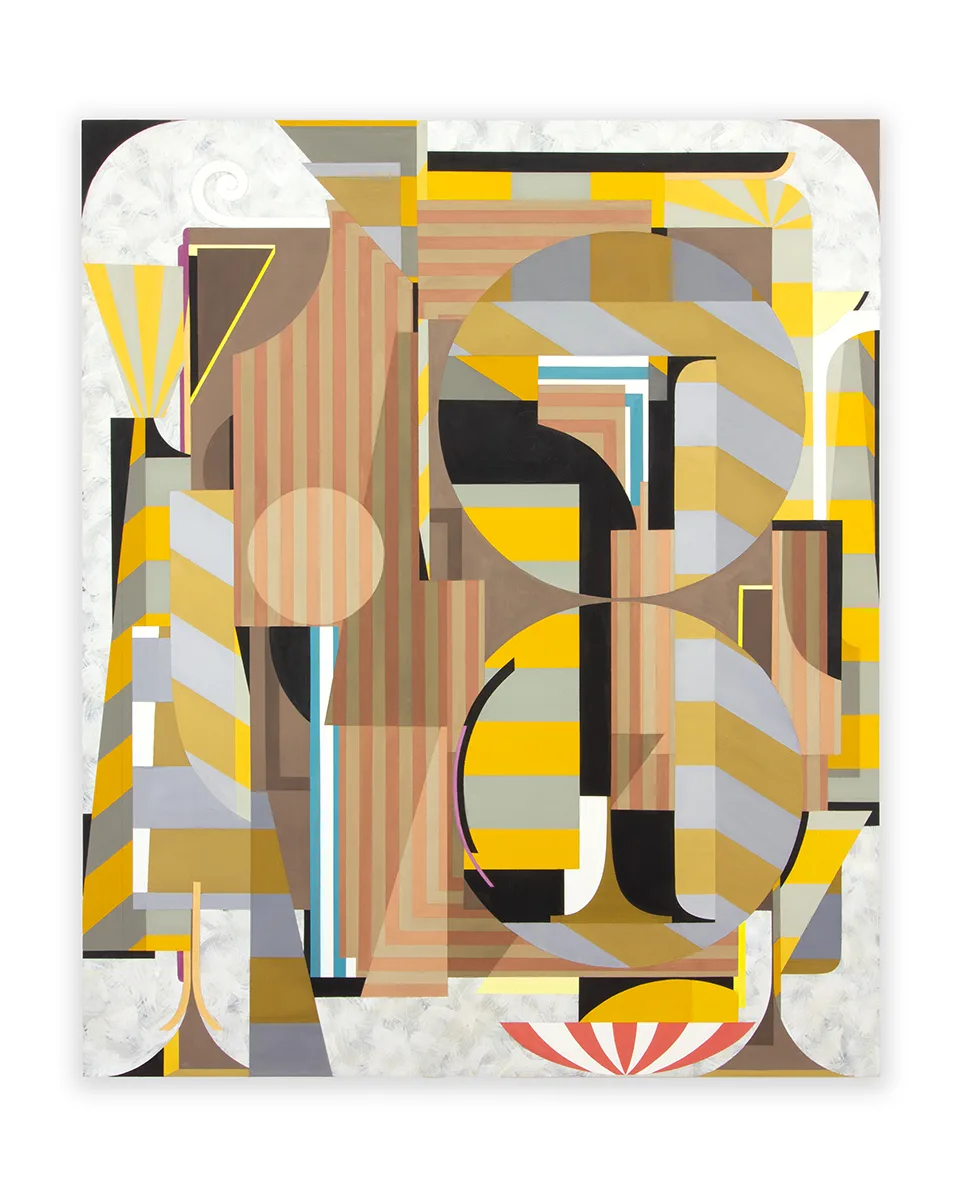 An abstract painting with yellow, brown, black and grey geometric shapes within the frame