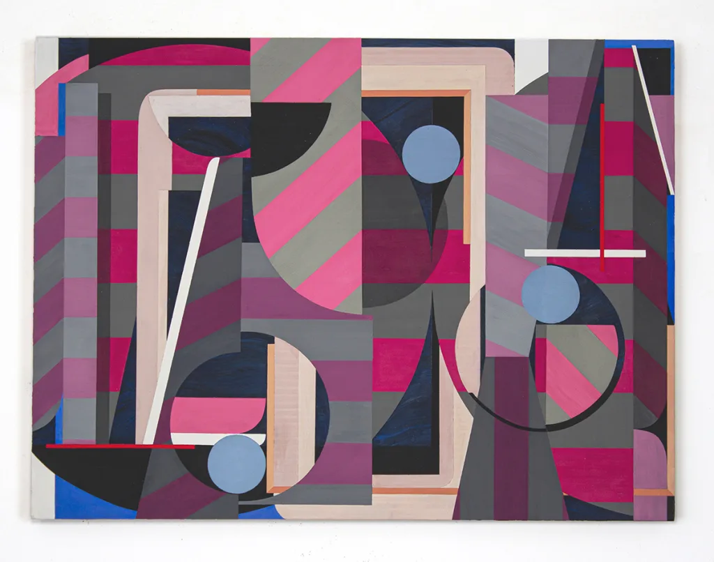 A painting with pink, blue, and purple geometric shapes.
