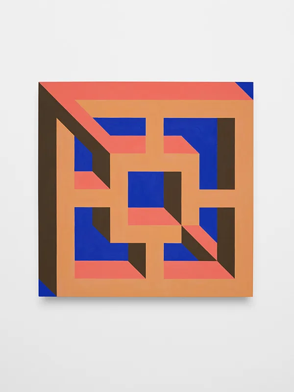 A geometric painting with blue and orange squares.