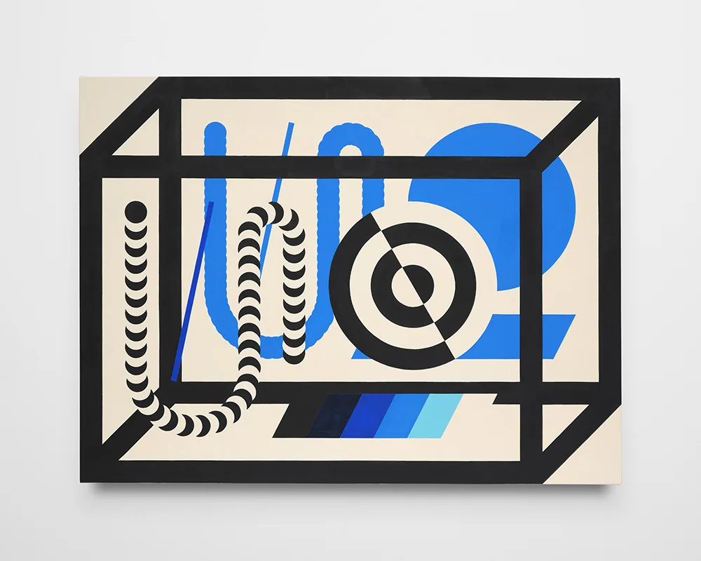 A blue, black and white geometric painting with a target in the middle. All patterns are inside the 3D rectangle.