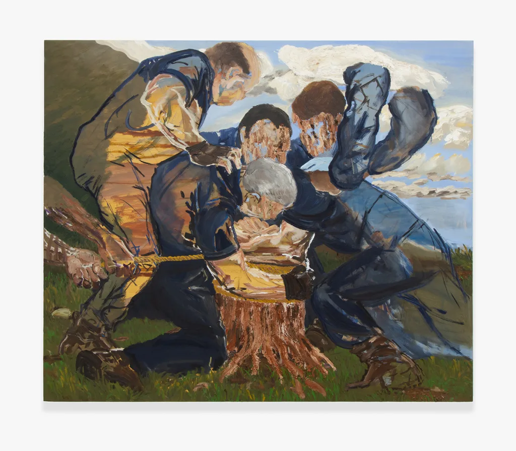 A painting depicting four figures with their features blurred kneeling over a stump. Another pair of hands enters the images from the left and is pulling a rope seemingly attached to the stump or something on the stump.