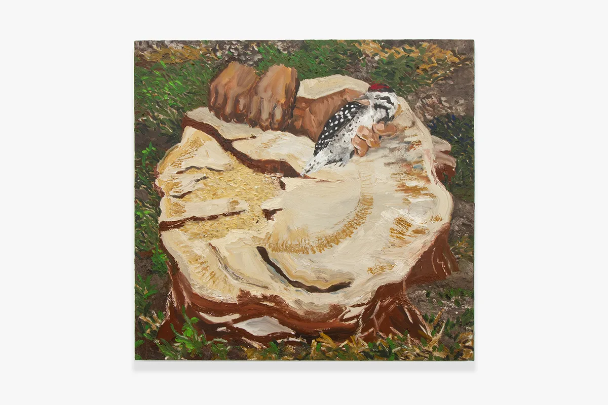 A painting depicting a stump. Place above the stump are two pair of hands. The left hand of the first figure is holding a small bird and the other pair of hands squeezing the left wrist of the other figure