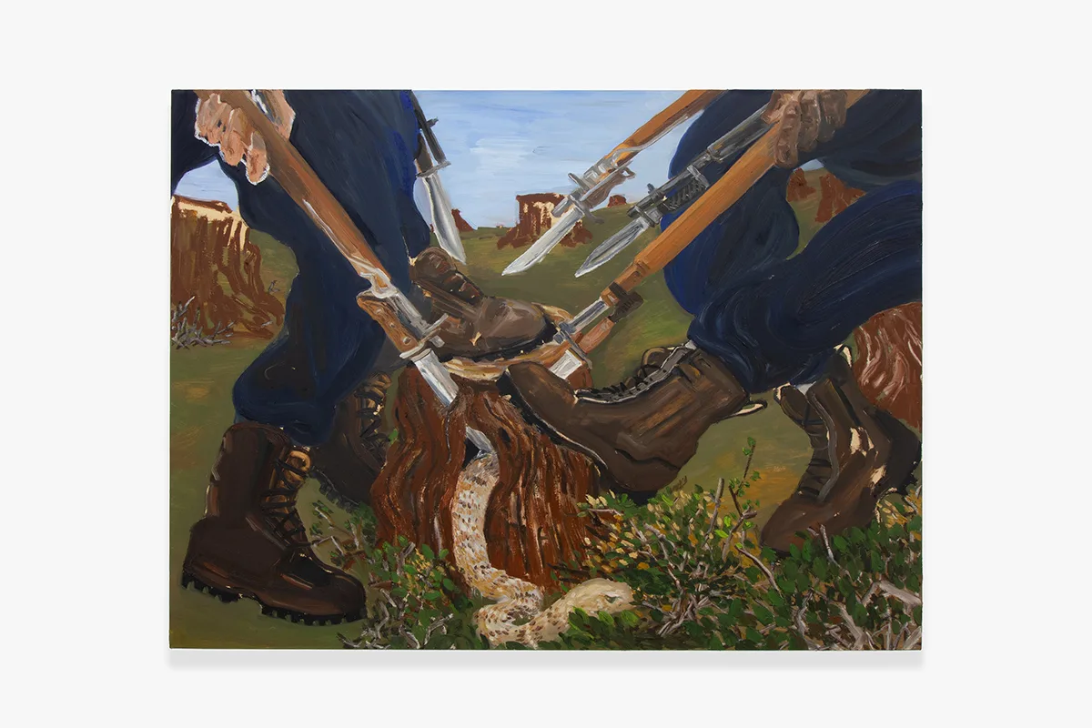 A painting shows another stump is being stomped and stabbed in an act of collective enforcement as a sand-colored snake escapes through a knot hole