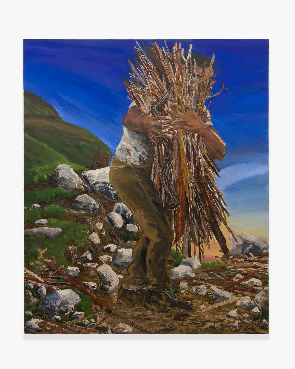 A painting shows a solitary figure carries an unwieldy bunch of sticks down a mountain as dusk sets in