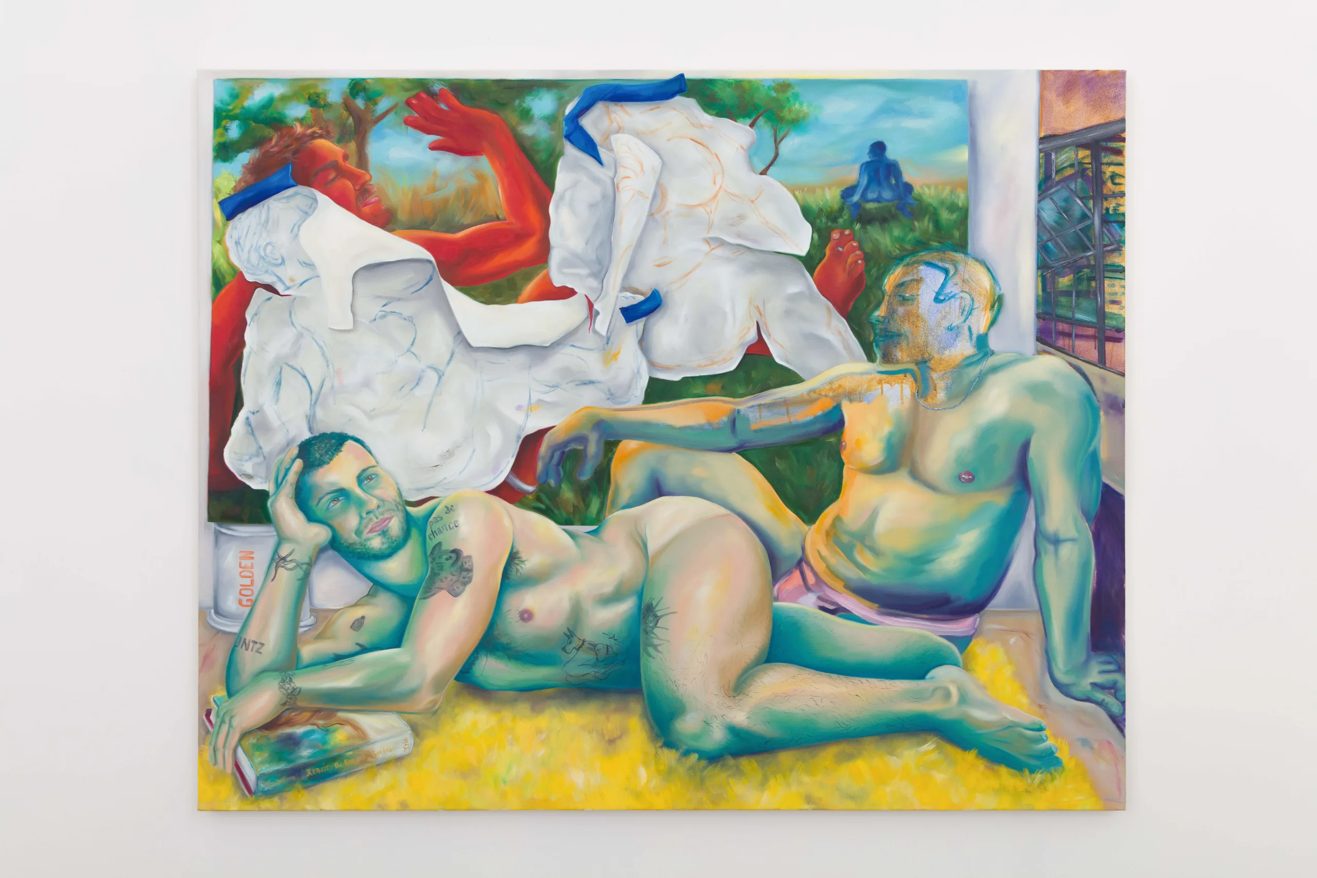 Two nude men seated on a yellow fur carpet, with a large canvas portraying a masculine figure in the background.