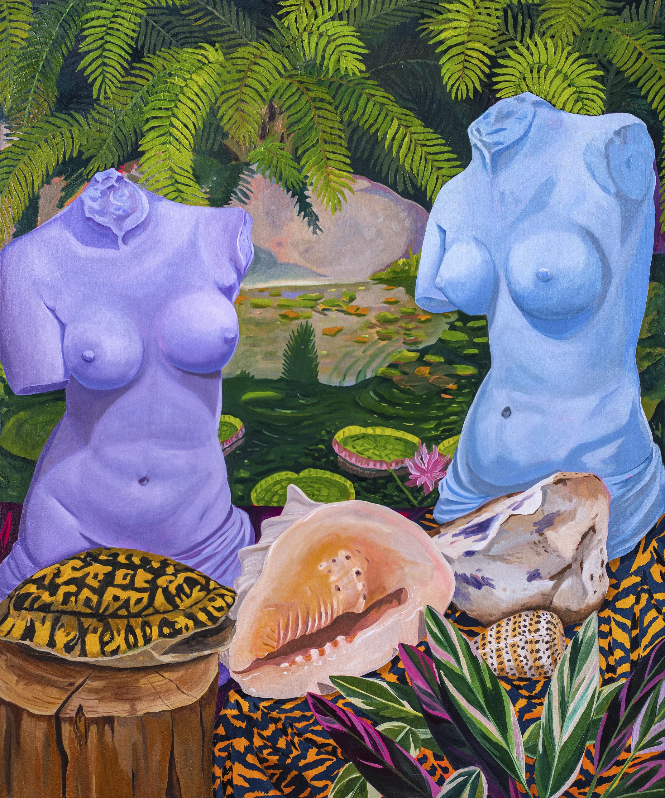A painting featuring two headless woman statues amidst shell, plants, pink flowers, and striped leaves.