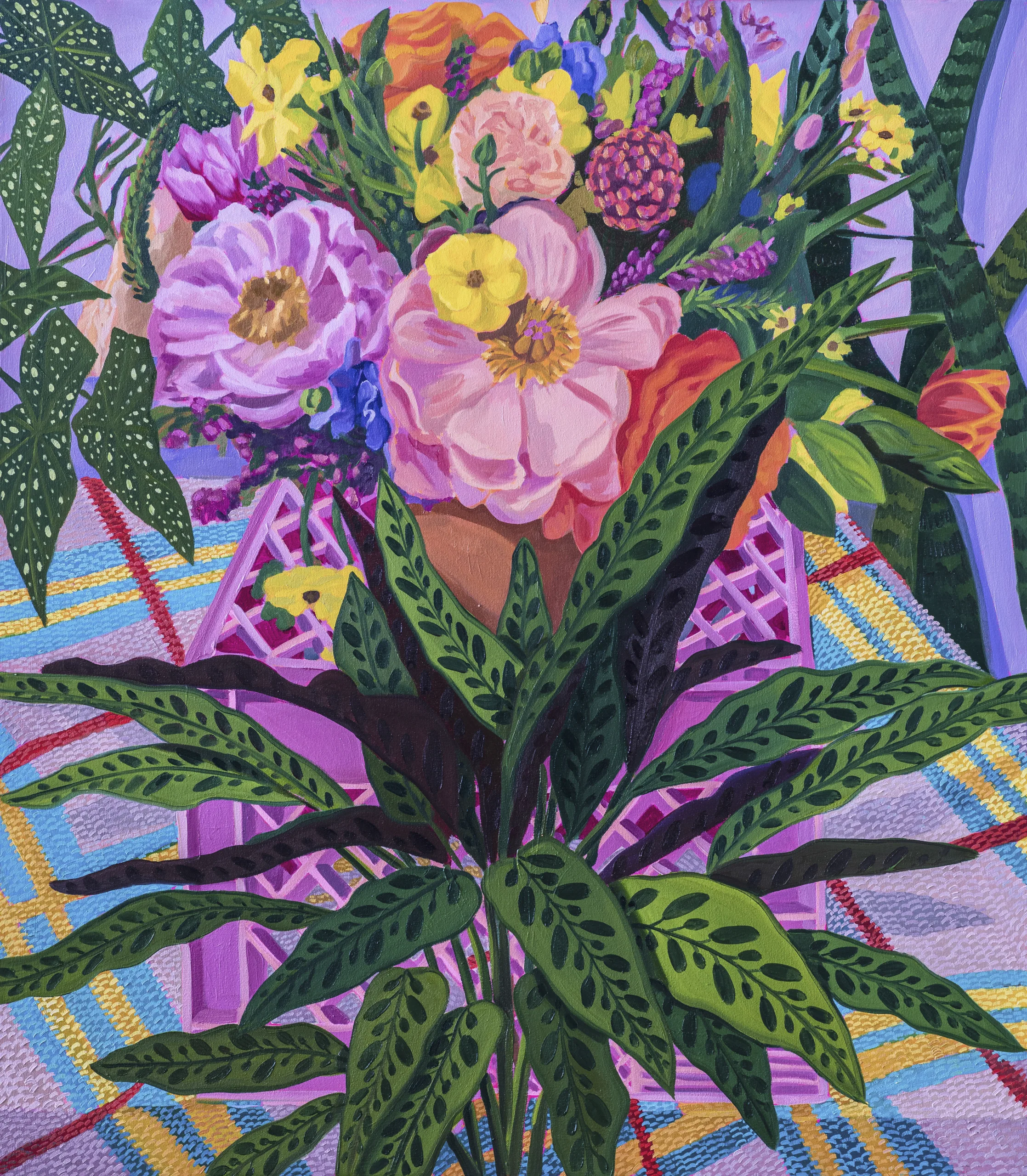 A small bouquet filled with different type of vibrant flowers, striped leaves surrounding the canvas also.