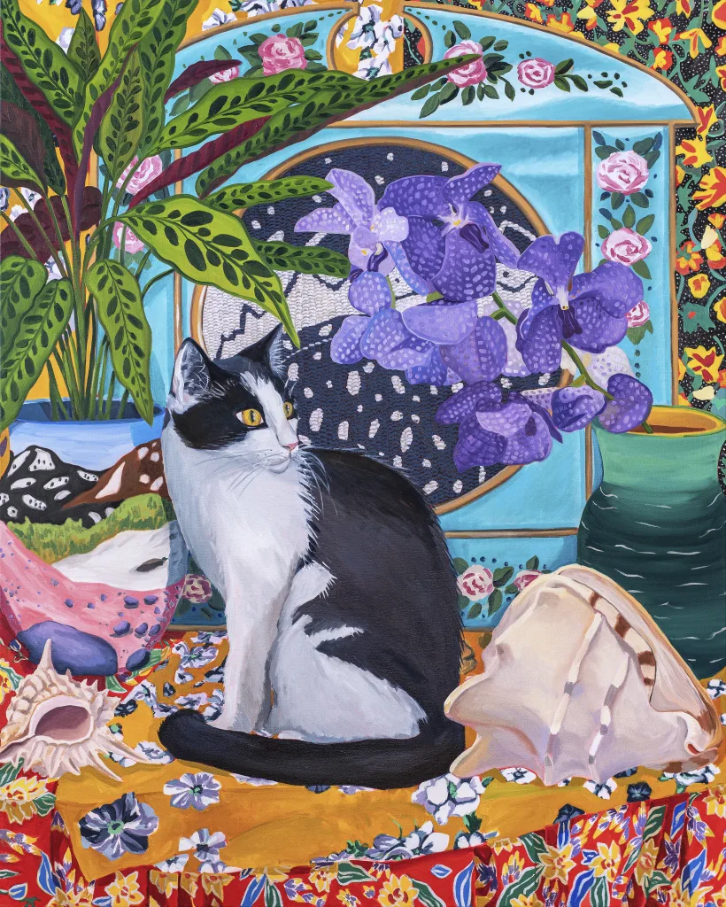 A painting shows a cat sitting on a patterned fabric. The animal is surrounded by plants and flowers in vases. There are also shells and corals