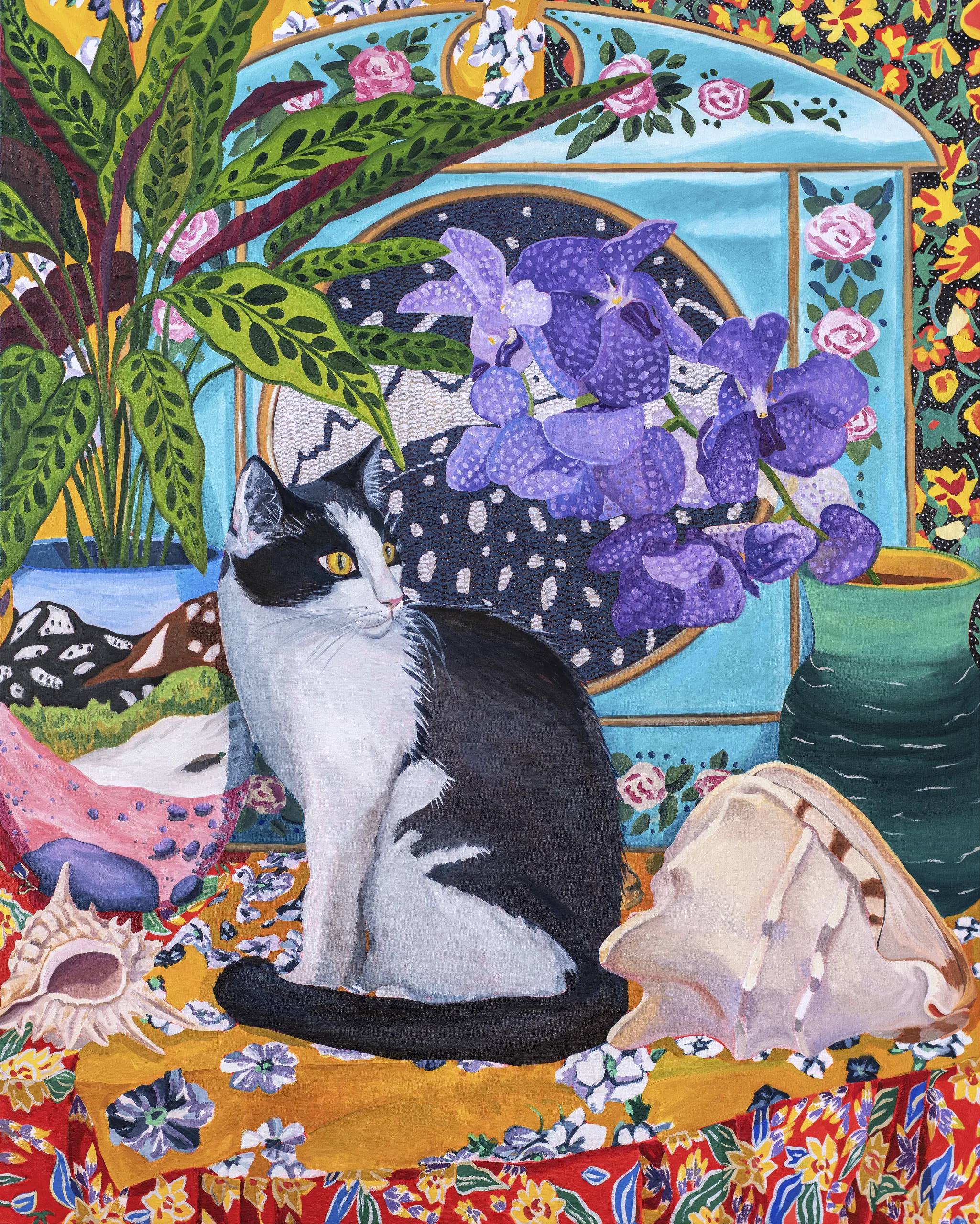 A painting shows a cat sitting on a patterned fabric. The animal is surrounded by plants and flowers in vases. There are also shells and corals