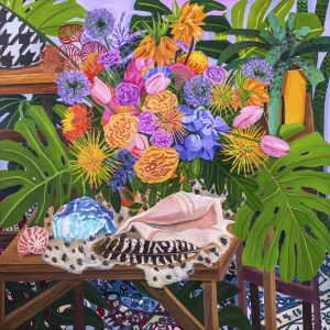 A painting showcases a vase filled with vibrant flowers and plants, surrounded by striped leaves, forming a colorful bouquet.