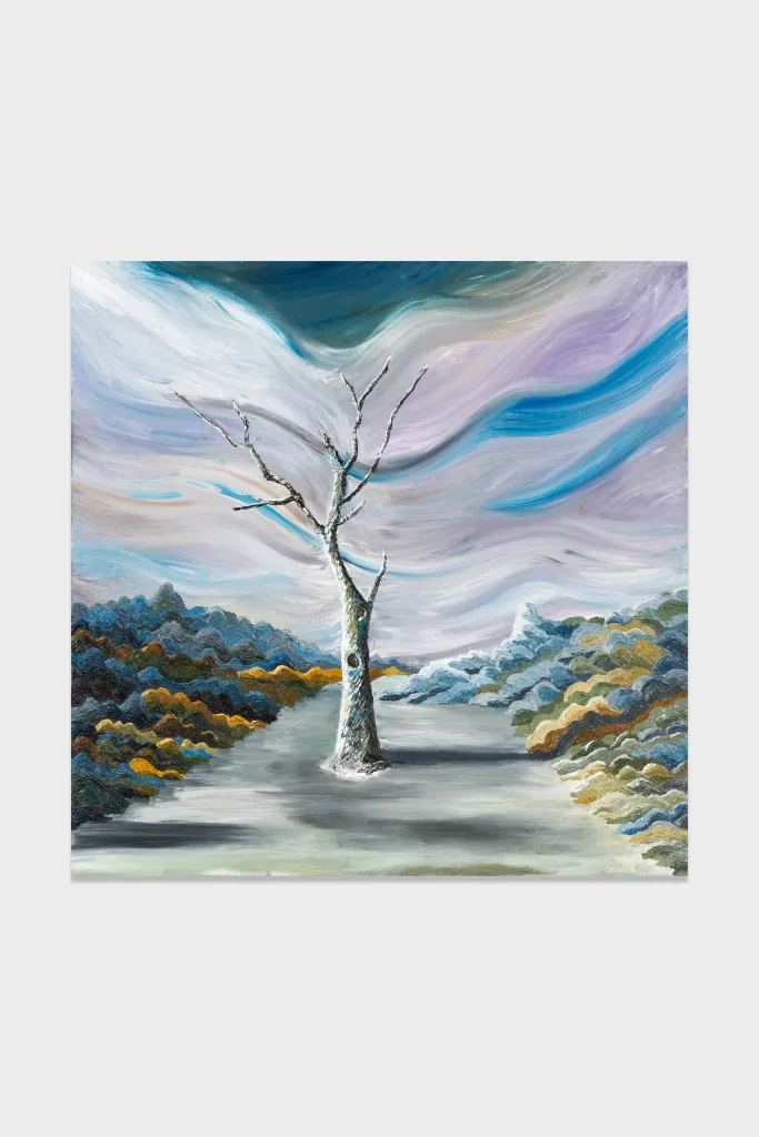 A high impasto, leafless tree, painted in front of a blue sky.