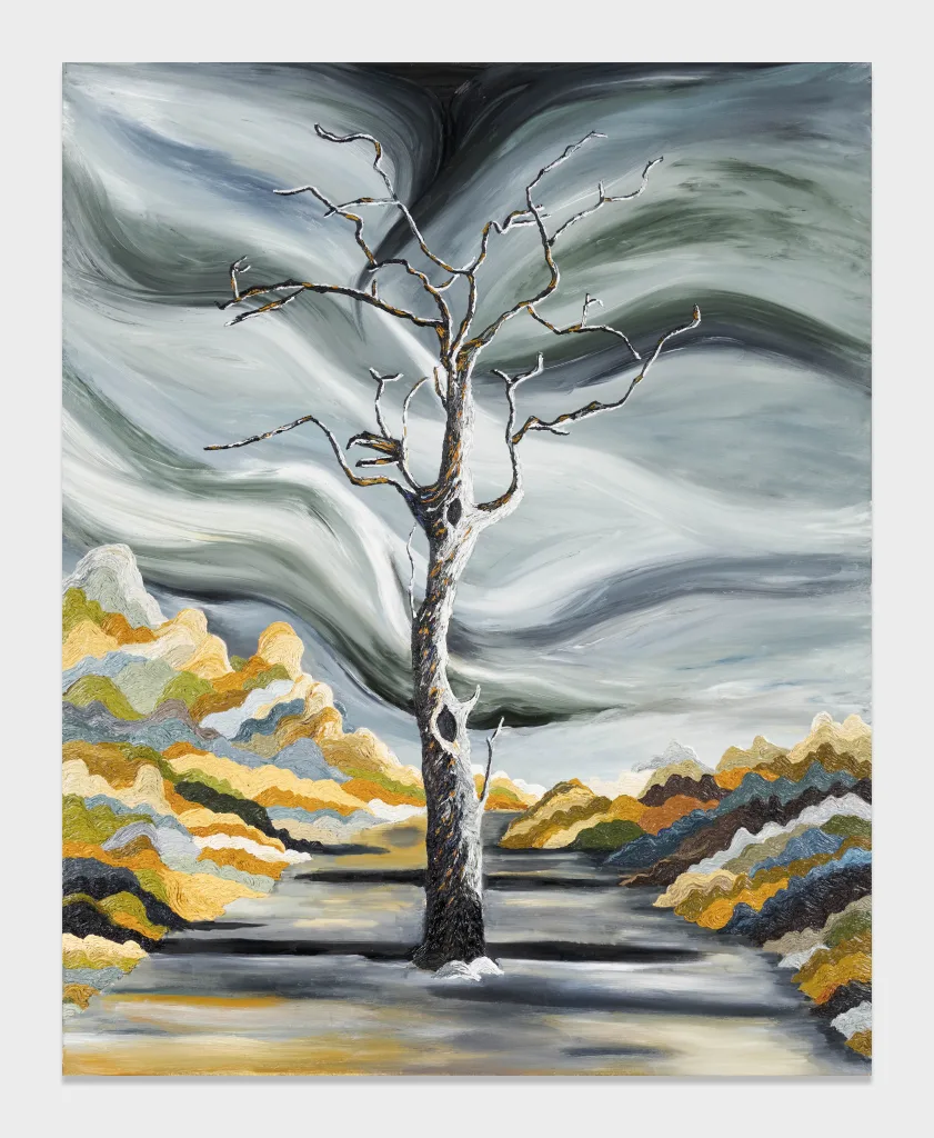 A high impasto, leafless tree, painted in front of a grey sky.