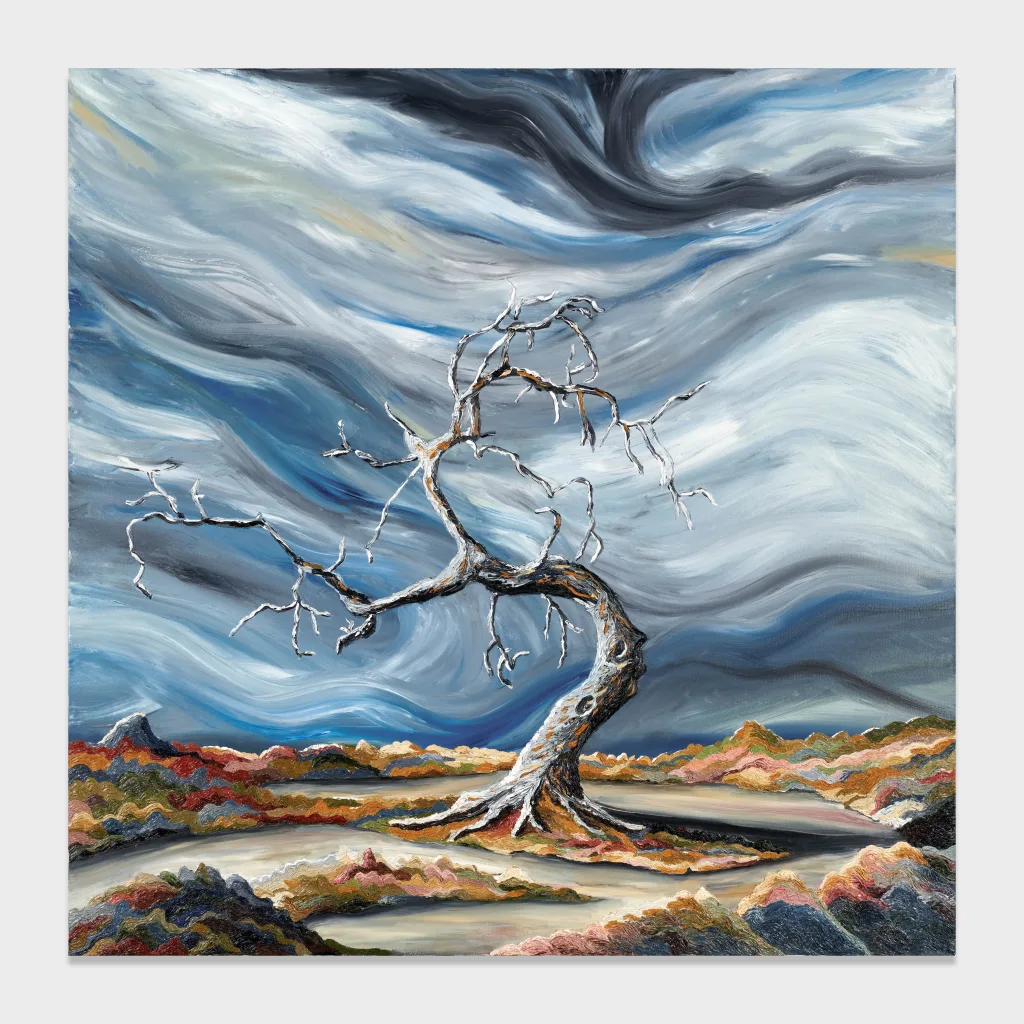 A high impasto, leafless tree, painted in front of a blue-grey sky.