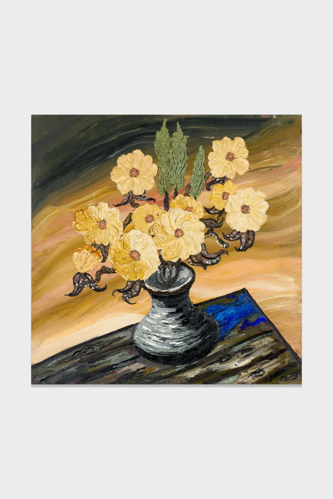 A high impasto painting of a pot of yellow flowers sitting on the corner of a dark wood table. The background is made up of thick yellow and dark grey paint smears.