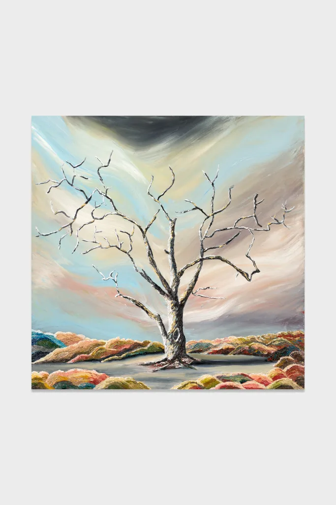 A high impasto, leafless tree, painted in front of a grey and light blue sky.