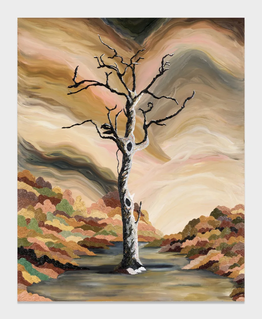 A high impasto, leafless tree, painted in front of a light brown sky.