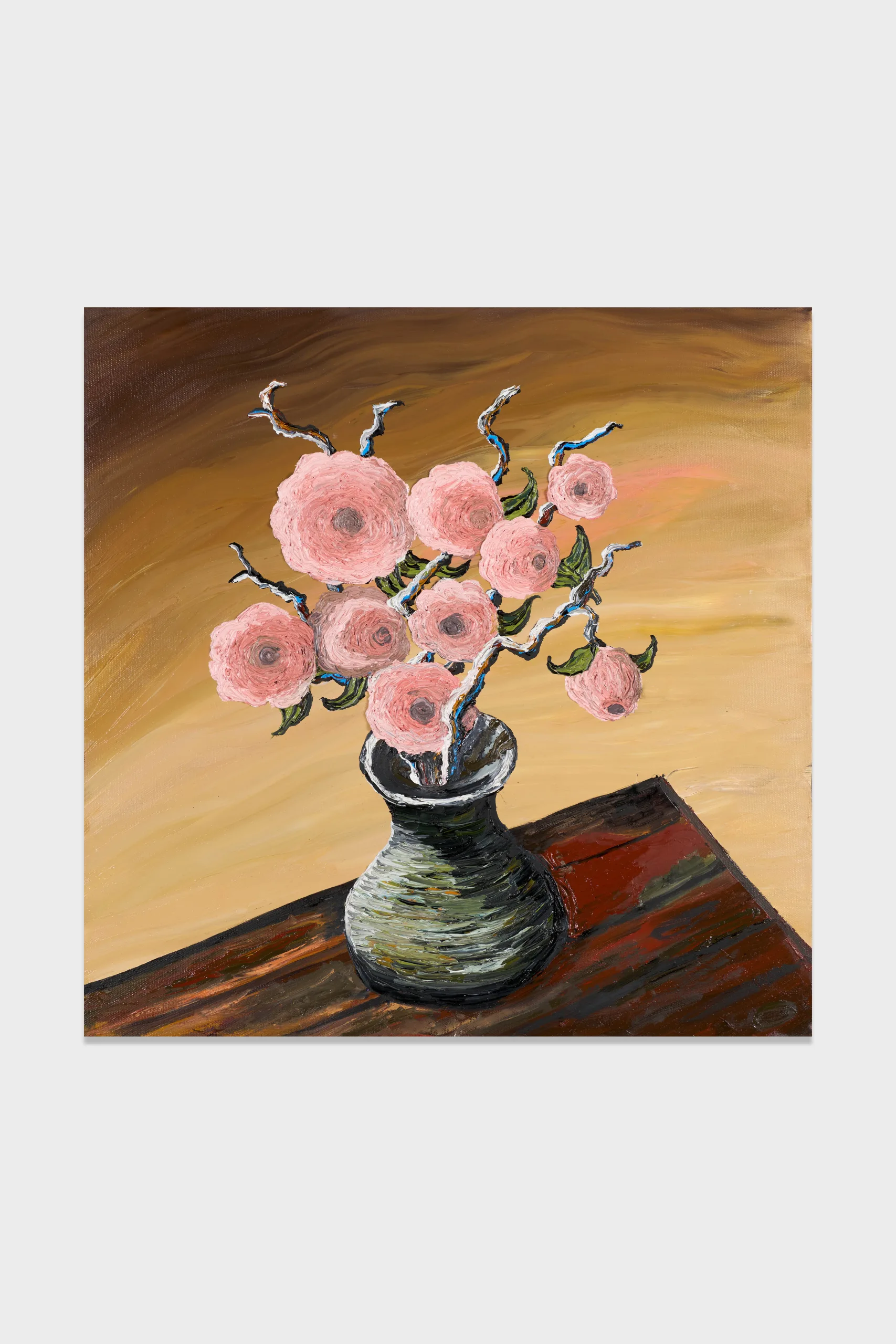 A high impasto painting of a pot of pink flowers sitting on the corner of a dark red wood table. The background is made up of thick dark yellow paint smears.