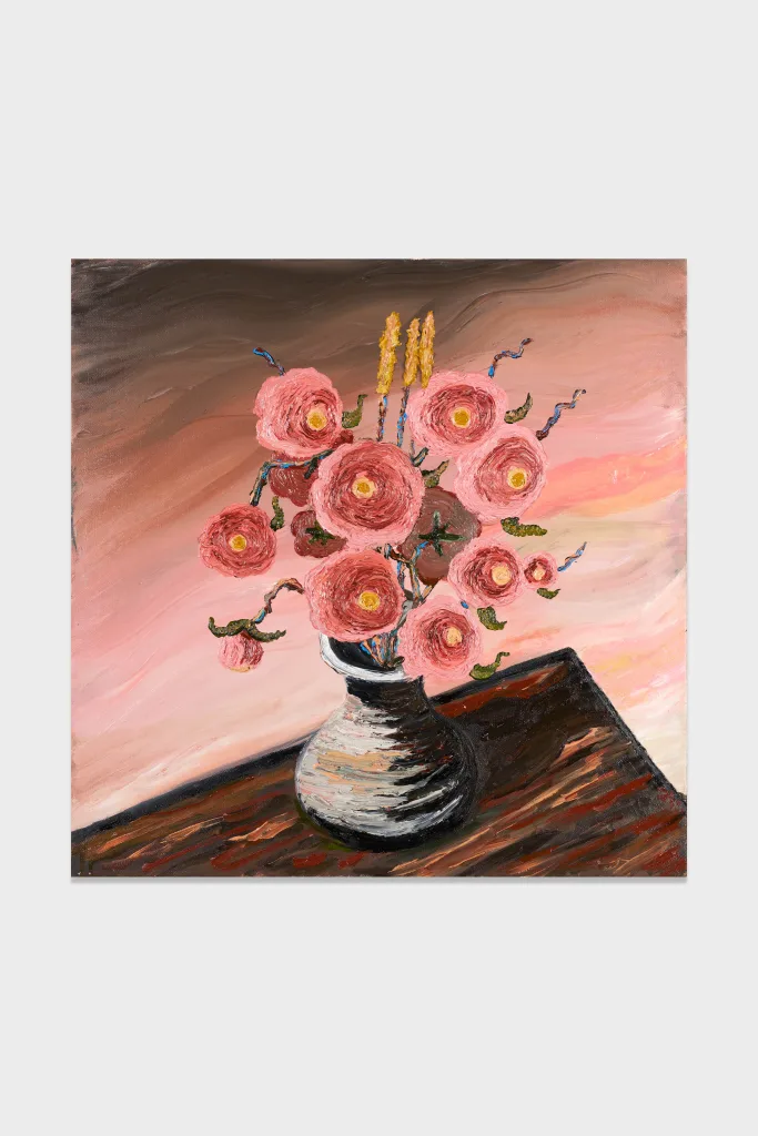 A high impasto painting of a pot of pink flowers sitting on the corner of a dark wood table. The background is made up of thick pink and dark grey paint smears.