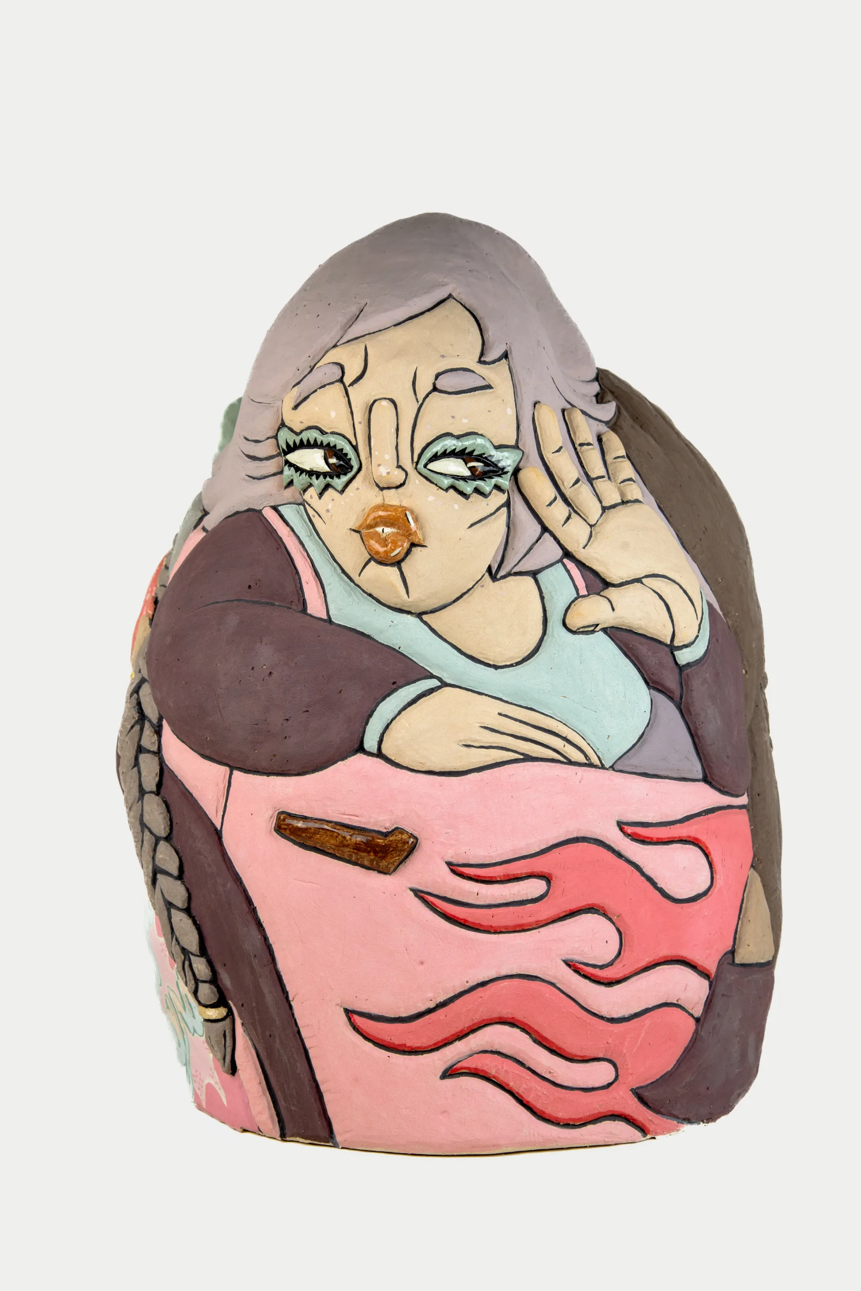 A carved and glazed ceramic vessel depicting a woman sitting in the passenger seat of a pink car with flame decals. Her left arm is raised up to her hair with a bold expression on her face.