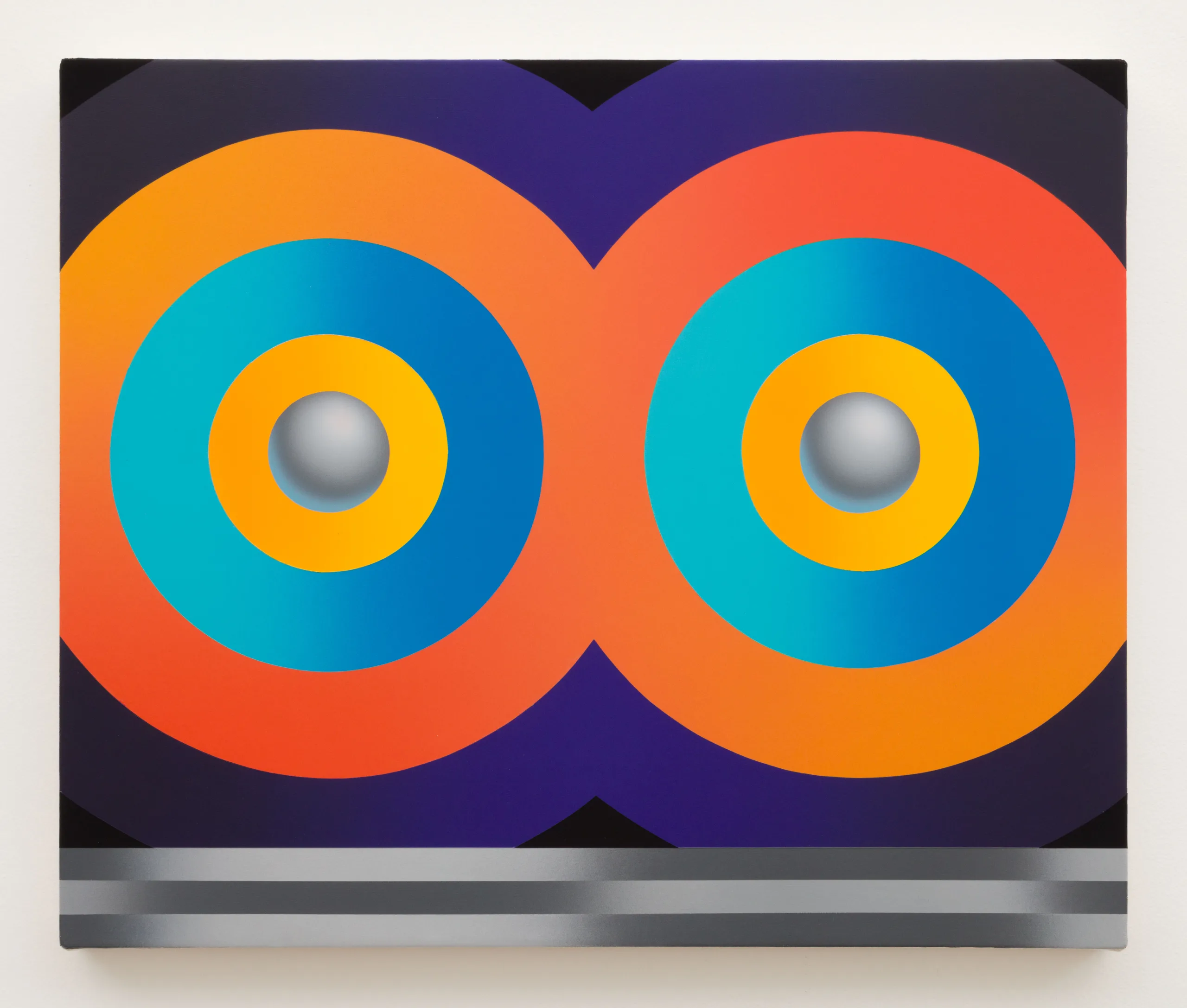 Two spheres are in the horizontal center of the image - different bands of color spread out from their centers and at the bottom are three lines of grey