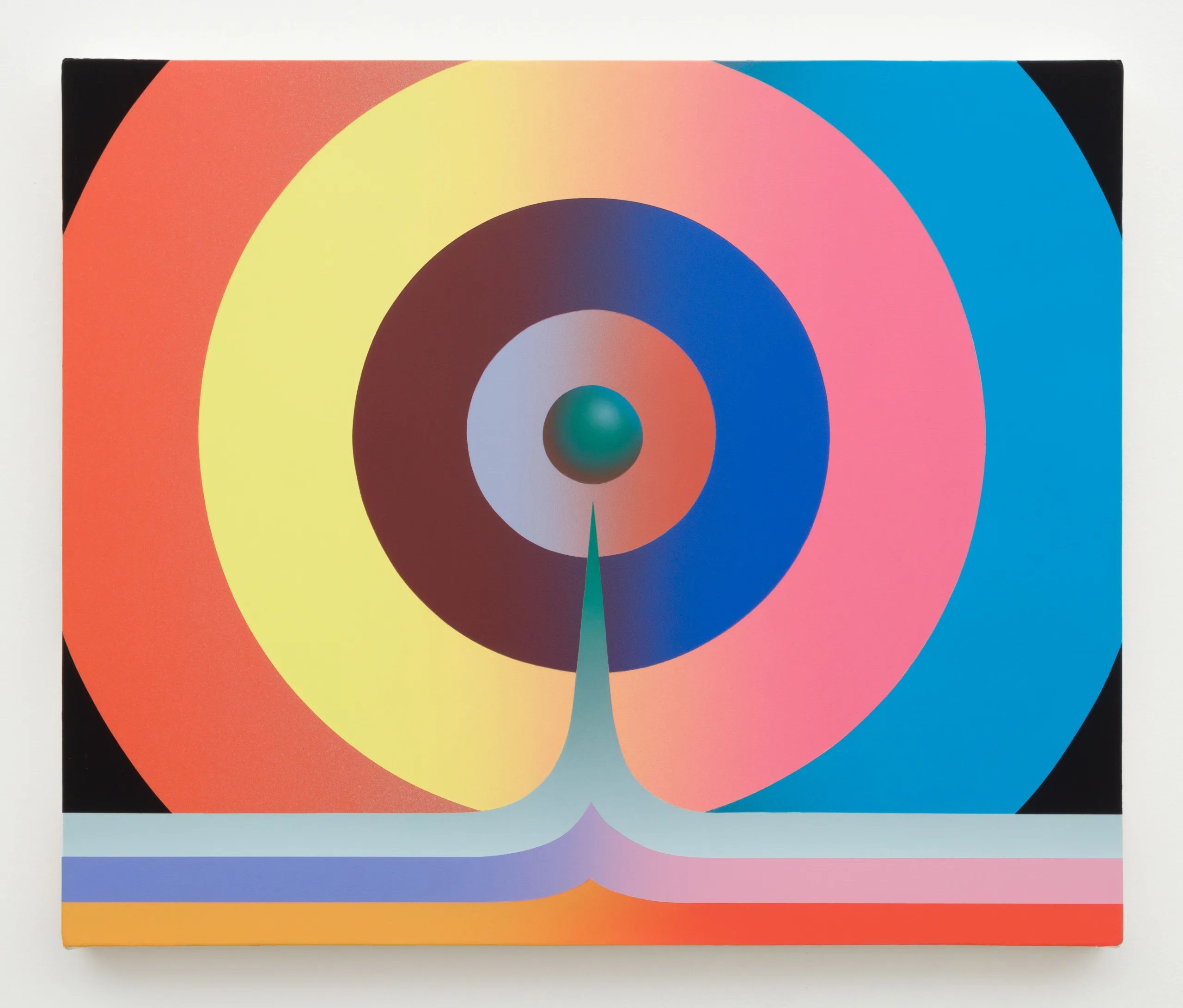 A sphere has bands of color in circles around it from the center of the image - a point punctures the bands making its way to the centered sphere