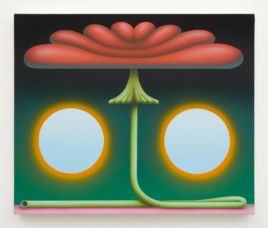 A flower is in the center of the image the stem has two floating circles on either side