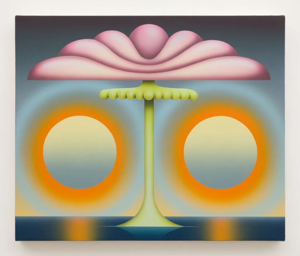 A tall and skinny form sits atop a dark blue body of water that reflects two glowing circles. The form is centered, green at the stem, and has pink folds at its top. The two circles float on either side of it with orange and blue emanating inoutwards from their center.
