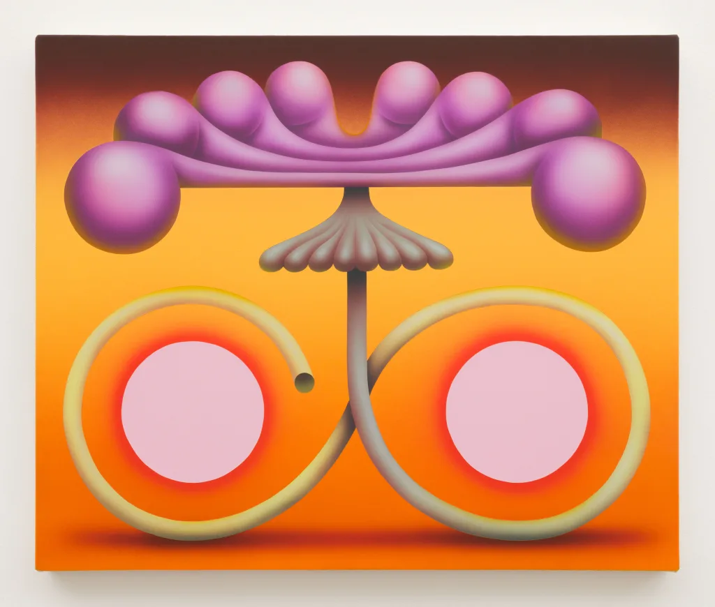 a flower with a curved stem hovers in the center of the image - the stem curves around two circles in a figure 8 shape