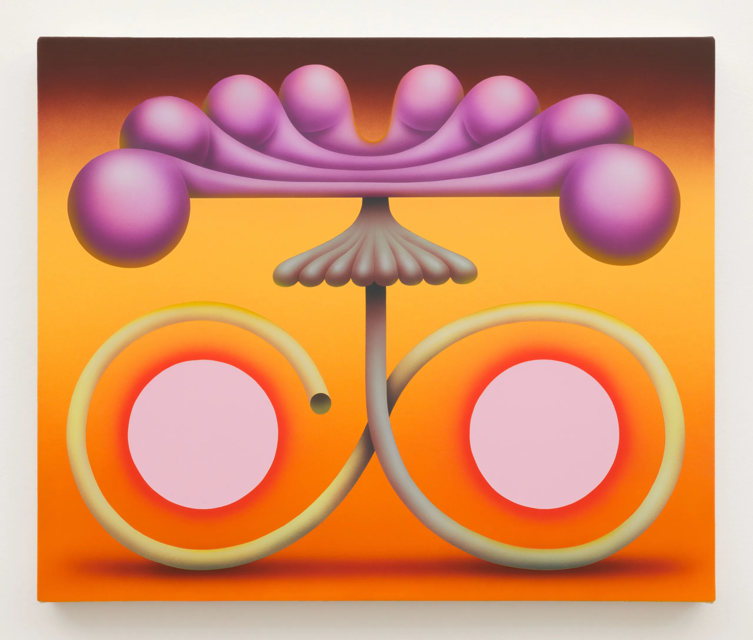 a flower with a curved stem hovers in the center of the image - the stem curves around two circles in a figure 8 shape