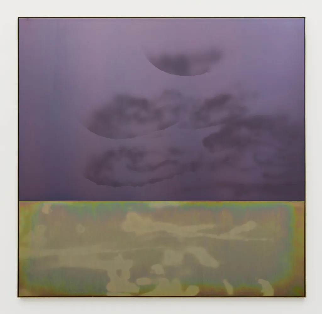 A sandblasted, deep lavender plate of anodized aluminum sits above a sandblasted plate of yellow zinc plated steel, within a frame of the same steel. The works overall dimension is almost square and the top plate is about twice the height of the bottom one. The yellow zinc plated steel below has sporadic and expressive sandblasting marks throughout and the whole piece reflects ambient light.