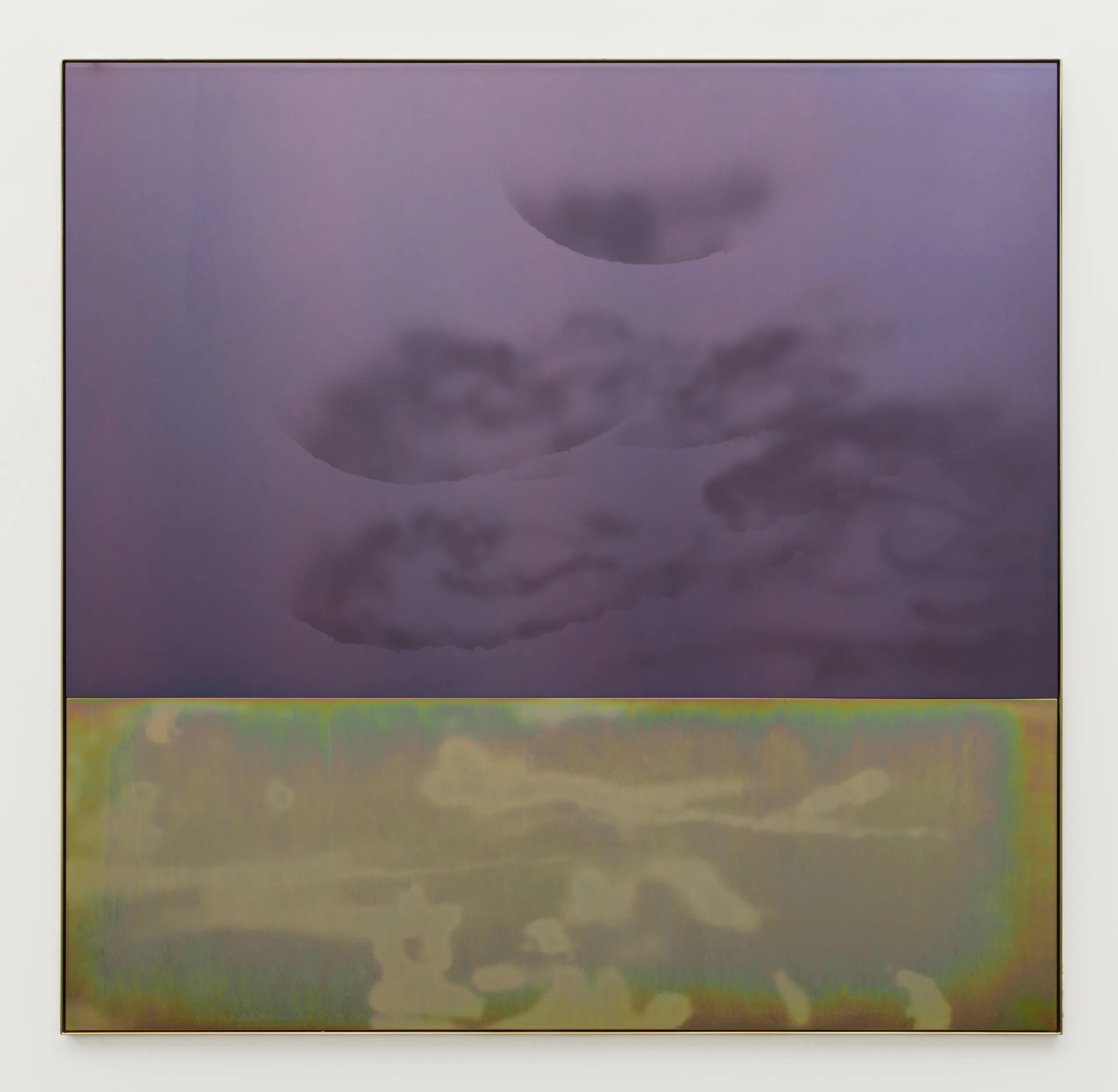 A sandblasted, deep lavender plate of anodized aluminum sits above a sandblasted plate of yellow zinc plated steel, within a frame of the same steel. The works overall dimension is almost square and the top plate is about twice the height of the bottom one. The yellow zinc plated steel below has sporadic and expressive sandblasting marks throughout and the whole piece reflects ambient light.