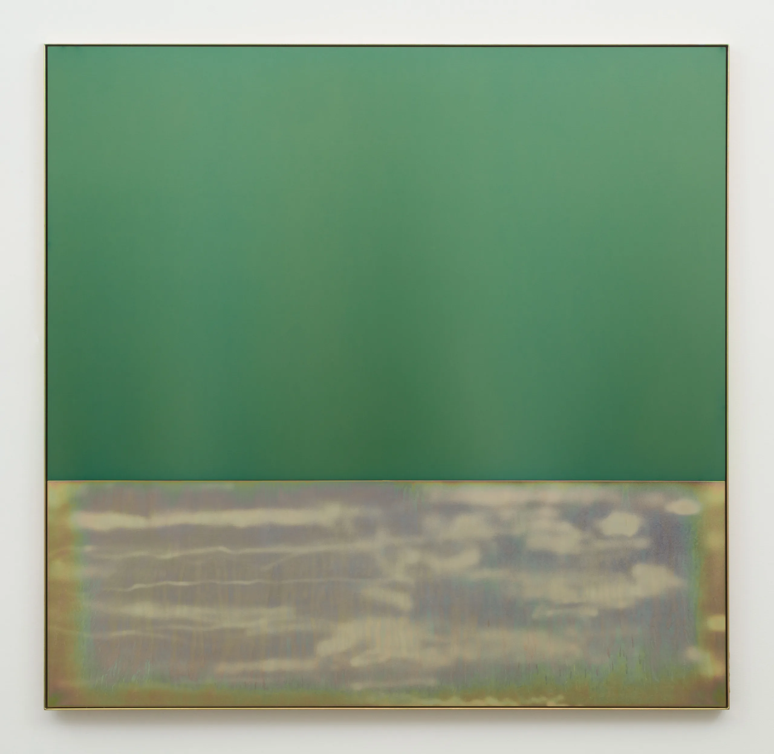 A flat, light green plate of anodized aluminum sits above a sandblasted plate of yellow zinc plated steel, within a frame of the same steel. The works overall dimension is almost square and the top plate is about twice the height of the bottom one. The yellow zinc plated steel below has horizontal cloud like sandblasting marks and the whole piece reflects ambient light.