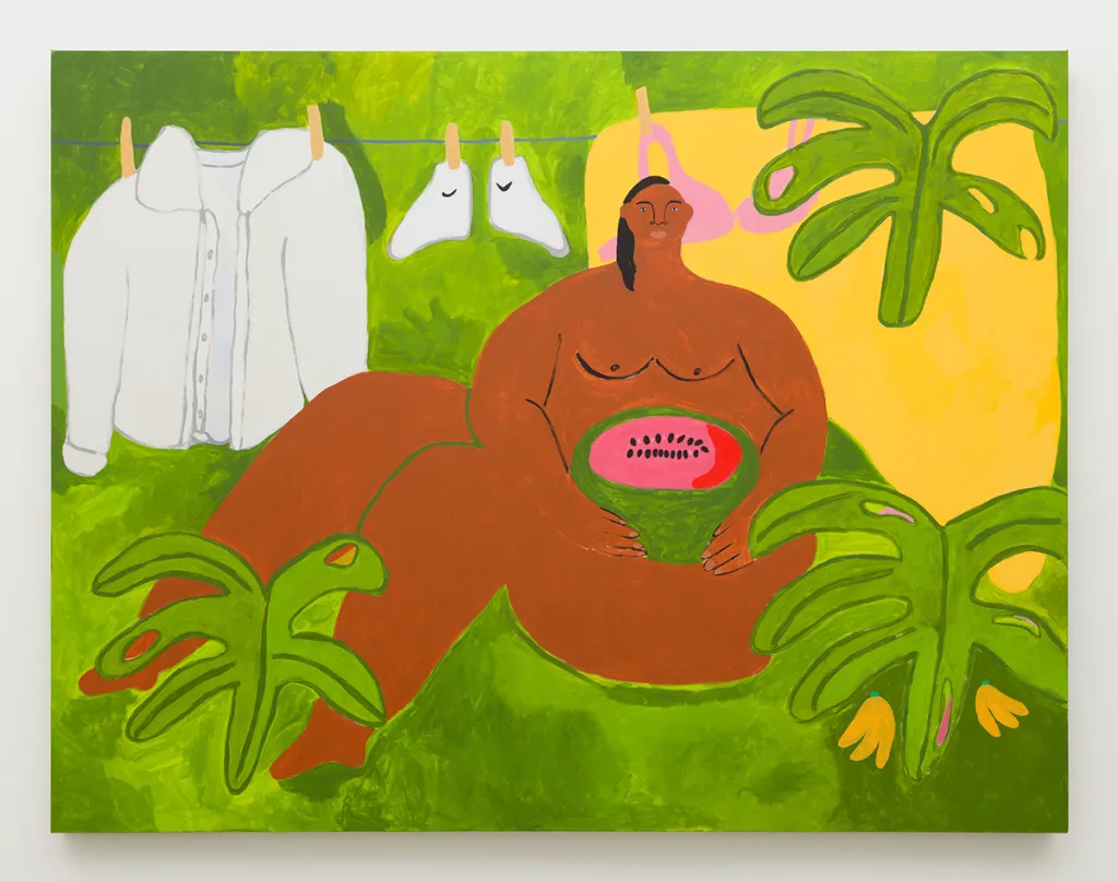 A painting of a nude woman reclined and facing the viewer holding a watermelon. Beside her are lush green leaves and in the background, we see a clothesline hanging a white button up shirt, white nike socks, and a pink bra.