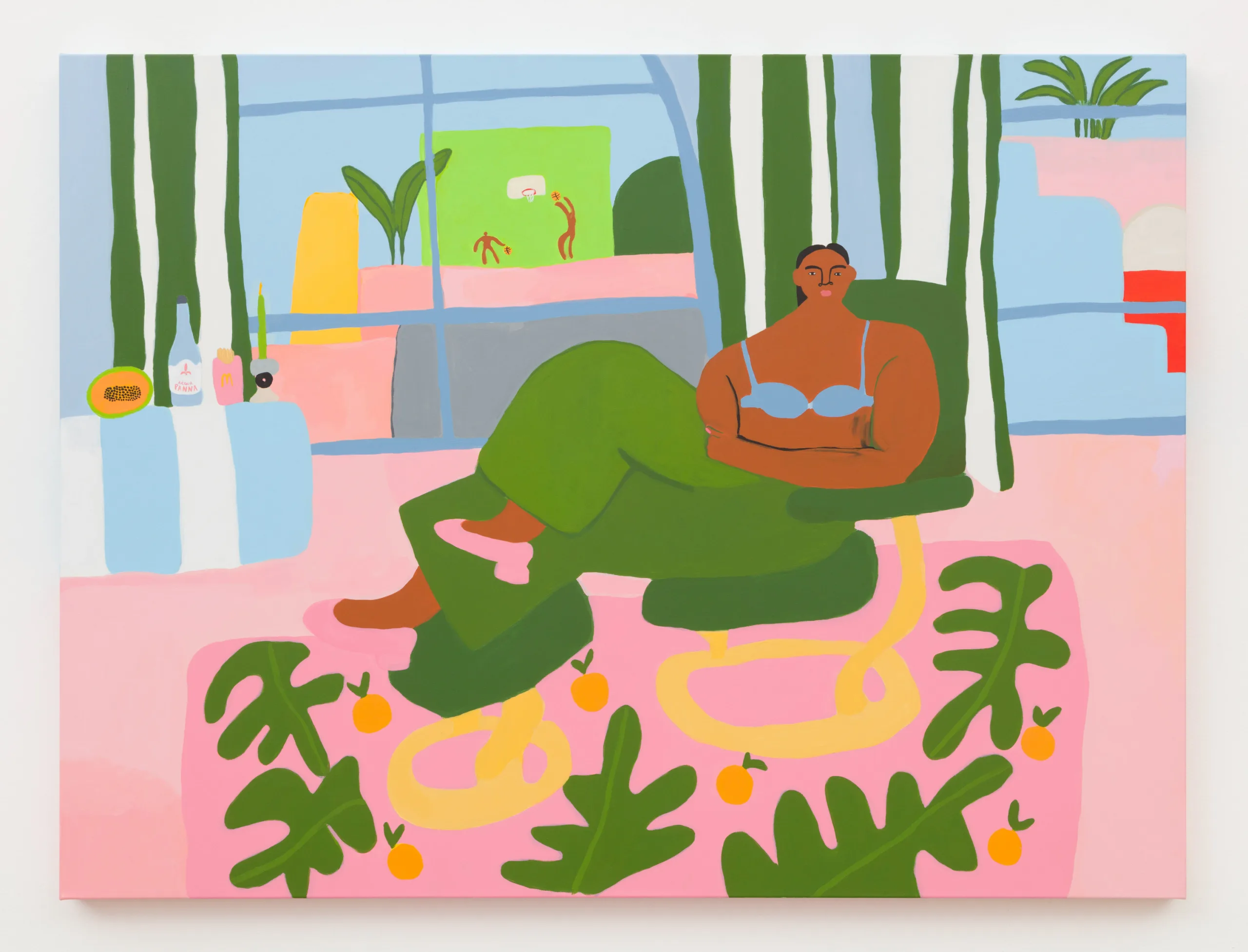 A painting of a woman wearing green pants, pink heeled flats, and a blue bra reclining in a green chair. Below her are large green leaves and oranges, and on a table behind her is a papaya, a bottle of Acqua Panna water, a pink cup of McDonald's fries, and a candle. Through the open windows in the background, we see two nude figures playing basketball on a pink and green court.