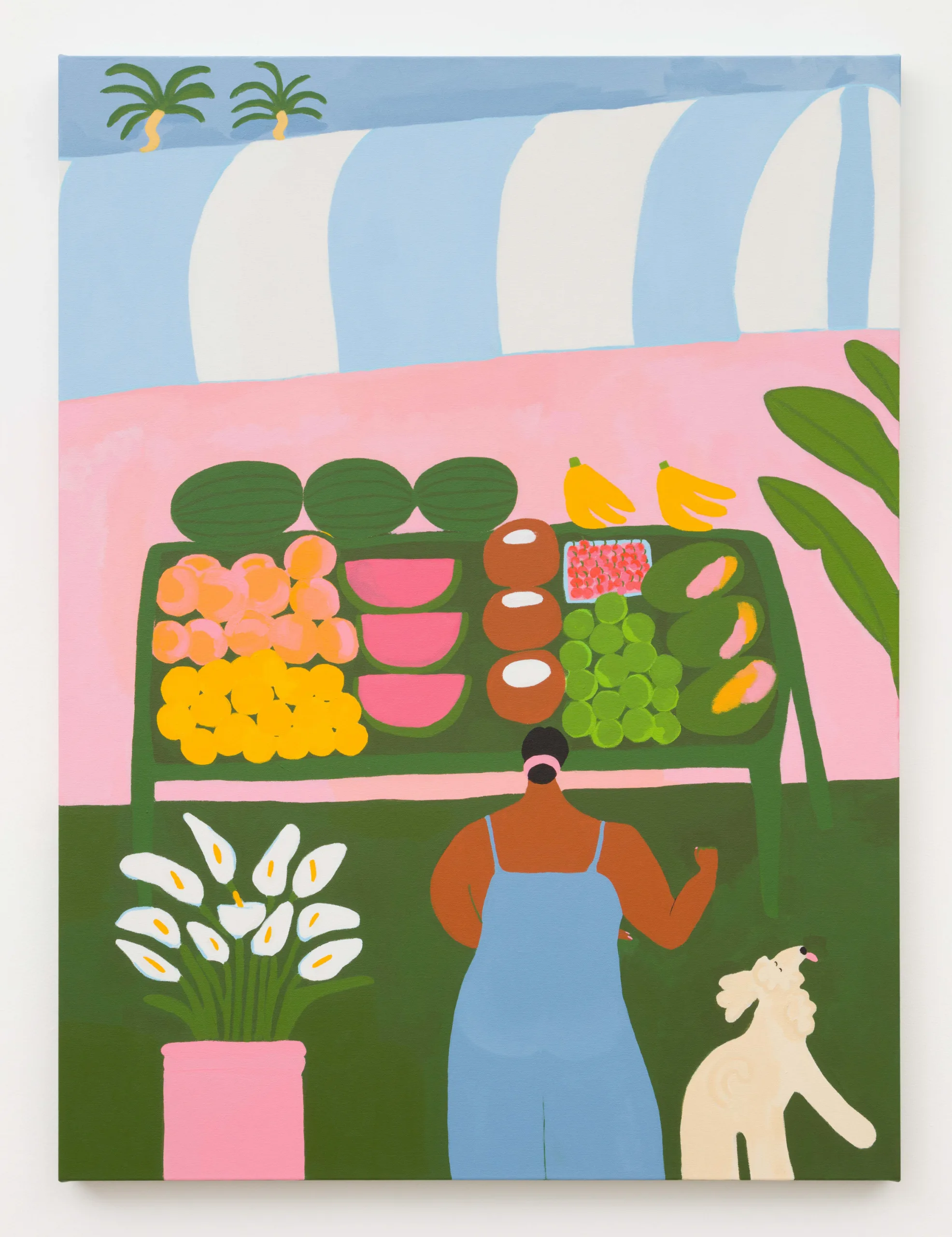 A painting of a woman wearing a blue dress alongside a dog looking up at the sky with its tongue out. They are at a fruit stand and the painting puts the viewer at a distance behind the subject.