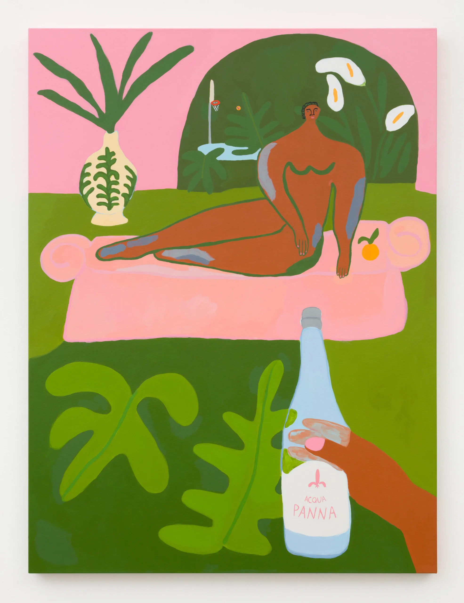 A painting of a nude woman sitting on a pink couch with an orange beside her. In the foreground, a hand emerges from the bottom right corner as to hand the subject a bottle of Acqua Panna water. In the background, there is an opening in the room that reveals a lush green outdoor area with a basketball hoop and a basketball.
