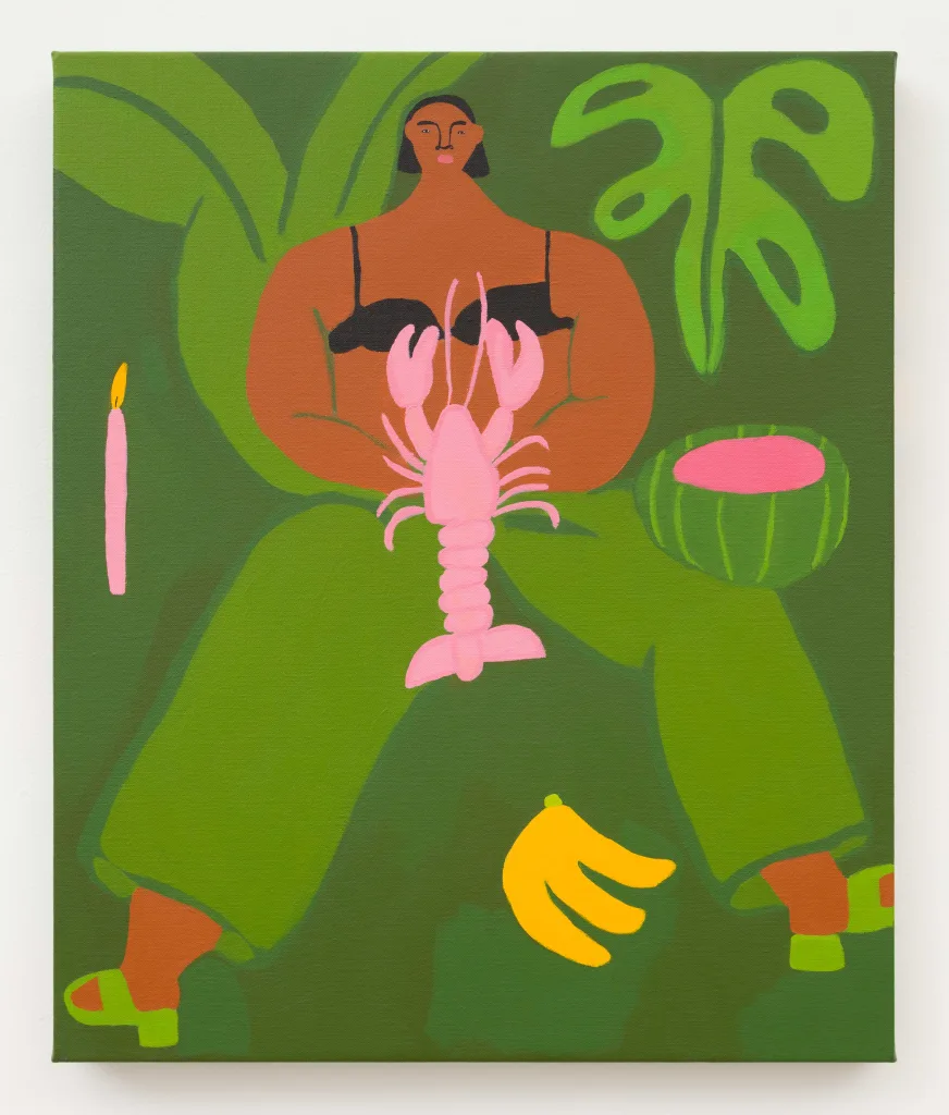 A painting of a woman wearing green pants and a black bra facing the viewer. She is holding a pink lobster and is surrounded by green foliage, a watermelon, a bunch of bananas, and a candle.