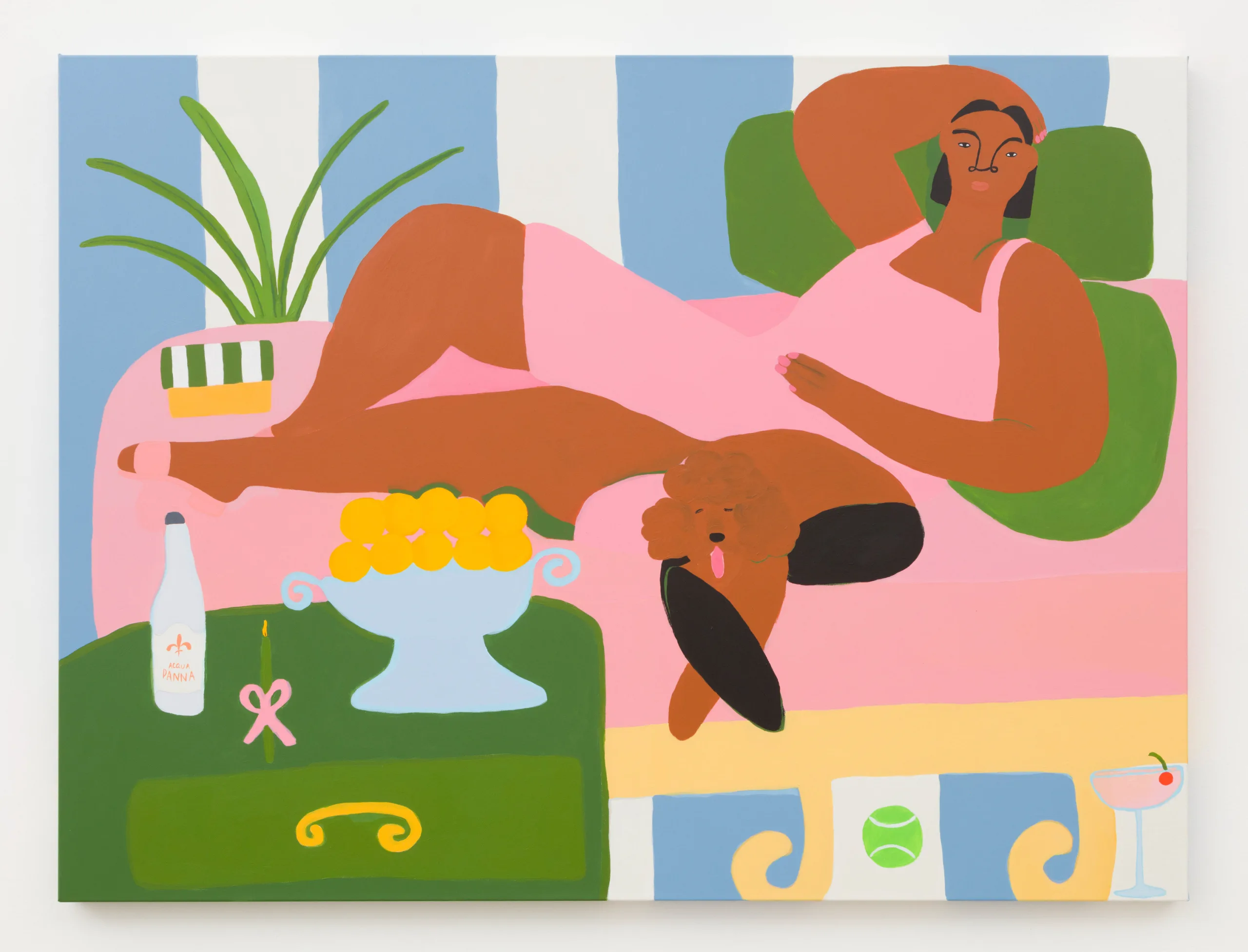 A painting of a woman wearing a pink dress, reclining on a pink couch, and turning her head to face the viewer. There is a dog beside her, a tennis ball on the ground underneath the couch, and a pink cocktail next to it. The table beside her holds a bowl of lemons, a green candle with a pink bow, and a bottle of Acqua Panna water. Behind her is a pattern of thick blue and white stripes.