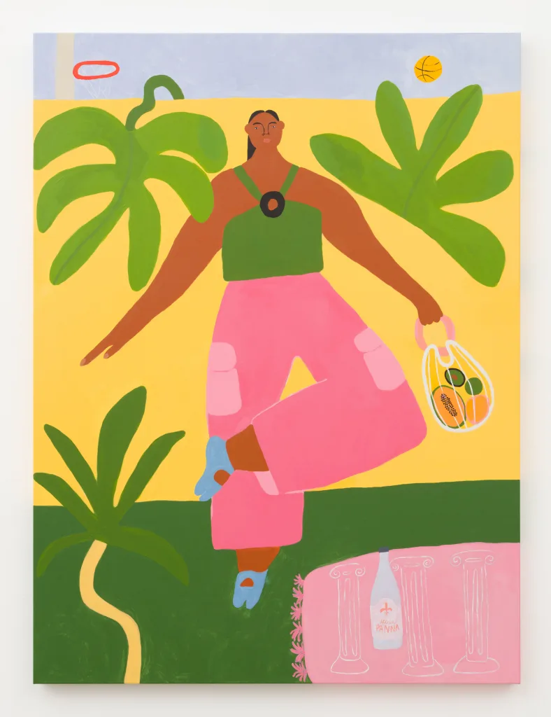 A painting of a woman wearing pink pants and a green shirt posed with her arms out and legs crossed, facing the viewer. She is holding a bag of fruit in her left hand and is placed above green grass and yellow background with lush foliage surrounding. On the ground is a pink picnic blanket with a bottle of Acqua Panna water.
