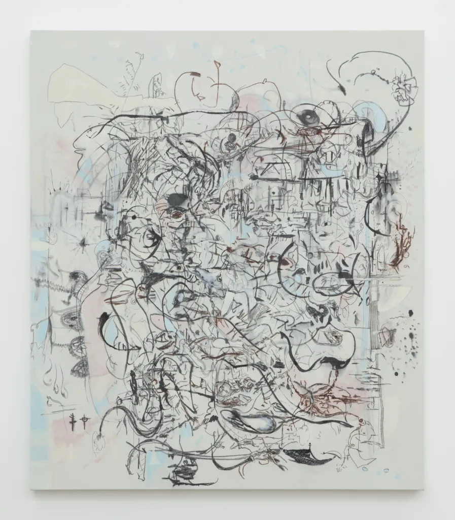 A painting with a pale background beneath calligraphic lines and shapes with bursts of pink and blue.