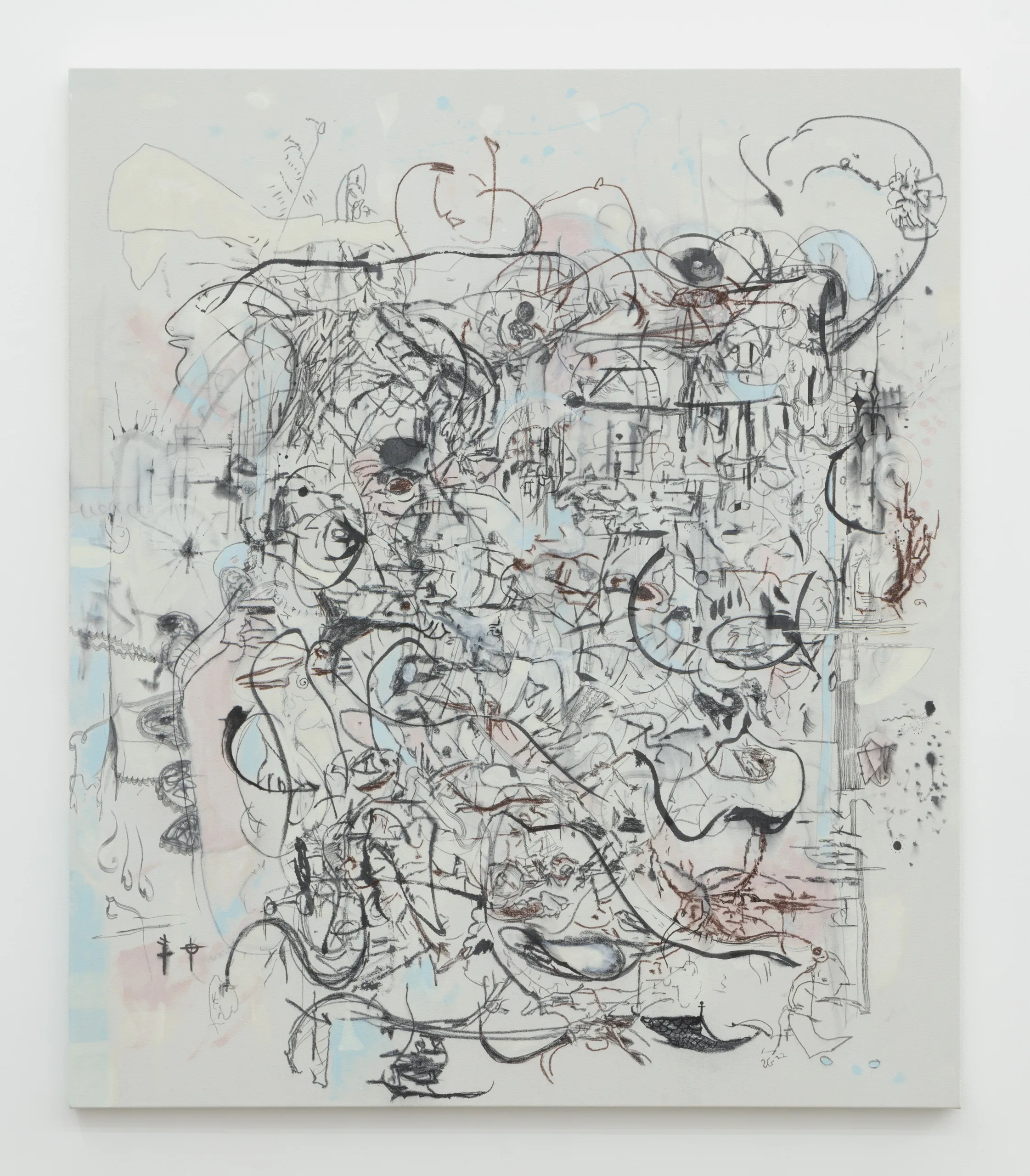 A painting with a pale background beneath calligraphic lines and shapes with bursts of pink and blue.