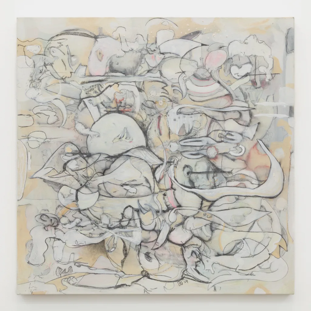 A square painting with a pale background beneath calligraphic lines and shapes