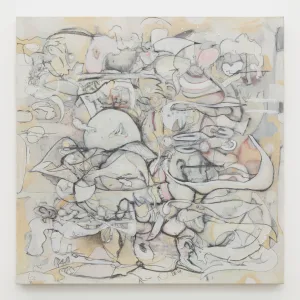 A square painting with a pale background beneath calligraphic lines and shapes